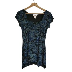 Y2K Whimsigoth Paisley Babydoll Top Blue Black Glitter Asymmetric Hem Stretch S